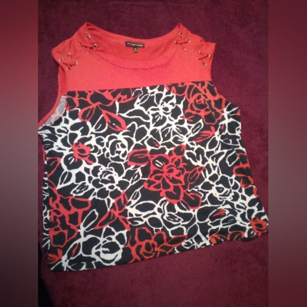 Always Indigo Black, Orange & White Sleeveless Floral Print Blouse/Size 3XLg